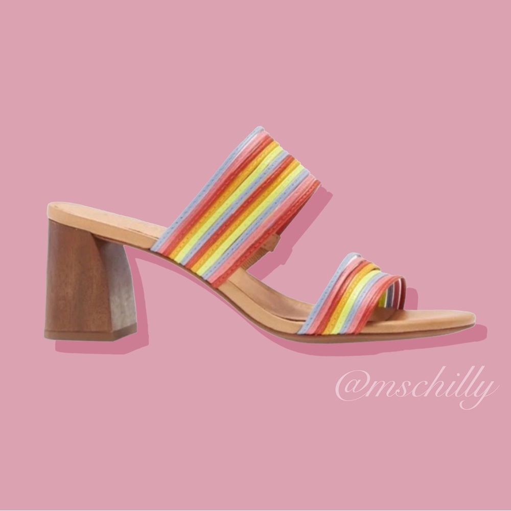 GIFTED Madewell The Meg Sandal Rainbow Heel Nude Tan Pink Purple Strap Sz 7 - Picture 1 of 7